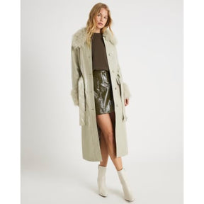 Green Faux Leather Fur Trim Trench Coat
