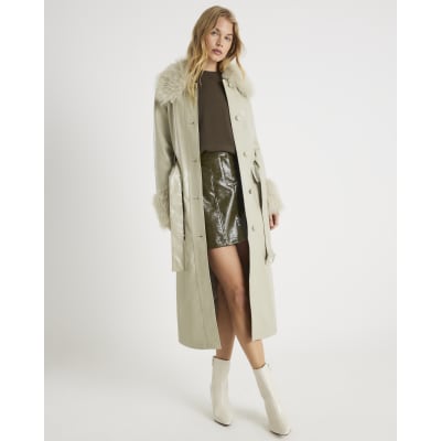 Green Faux Leather Fur Trim Trench Coat