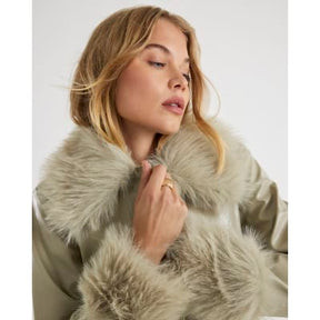 Green Faux Leather Fur Trim Trench Coat