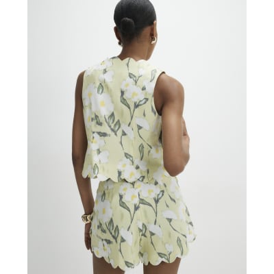 Green Floral Linen Blend Waistcoat