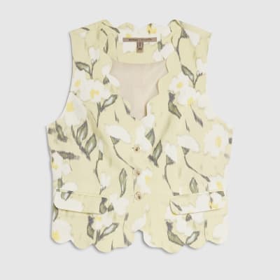 Green Floral Linen Blend Waistcoat