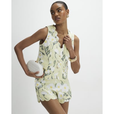 Green Floral Linen Blend Waistcoat
