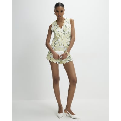 Green Floral Linen Blend Waistcoat