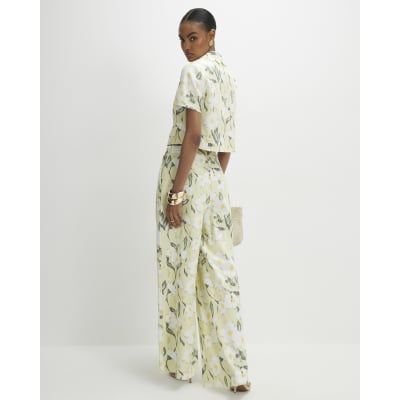 Green Floral Linen Blend Wide Leg Trousers