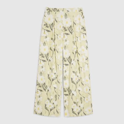 Green Floral Linen Blend Wide Leg Trousers