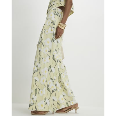 Green Floral Linen Blend Wide Leg Trousers