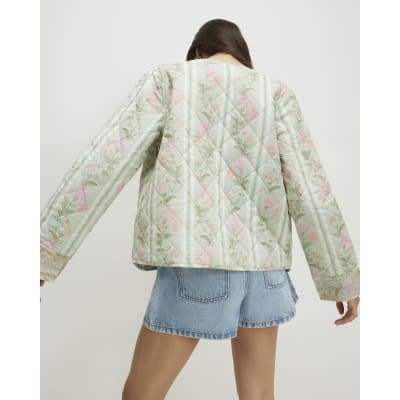 Green Floral Print Quilted Jacket