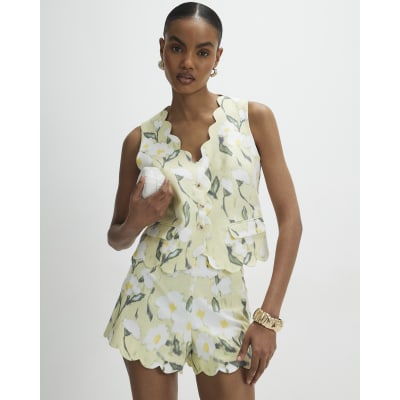 Green Floral Scallop Linen Blend Shorts