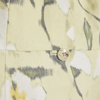 Green Floral Scalloped Linen Blend Mini Dress