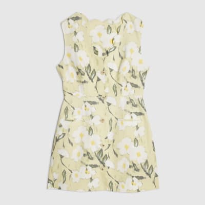 Green Floral Scalloped Linen Blend Mini Dress