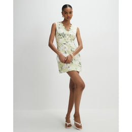 Green Floral Scalloped Linen Blend Mini Dress
