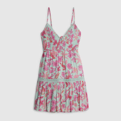 Green Floral Shirred Mini Beach Dress