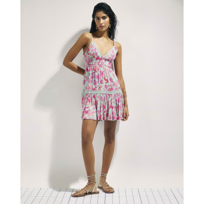 Green Floral Shirred Mini Beach Dress