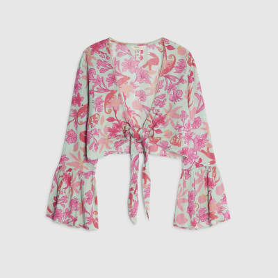Green Floral Tie Front Beach Top