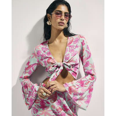 Green Floral Tie Front Beach Top
