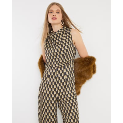 Green Geometric Drape Cowl Jumpsuit