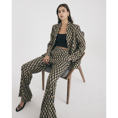 Green Geometric Skinny Flared Trousers