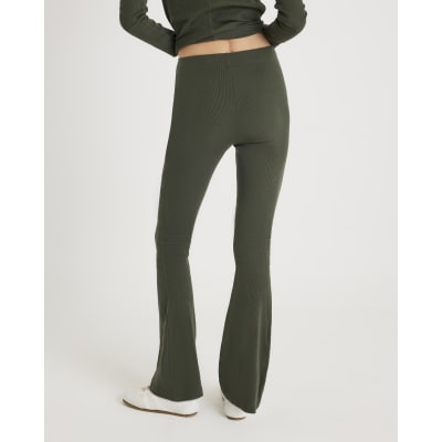 Green High Waisted Ribbed Flare Leggings