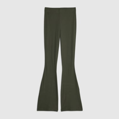Green High Waisted Ribbed Flare Leggings