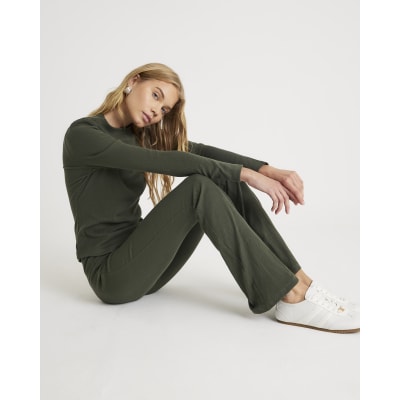 Green High Waisted Ribbed Flare Leggings