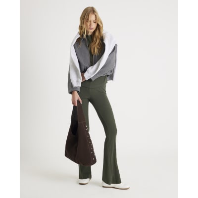 Green High Waisted Ribbed Flare Leggings