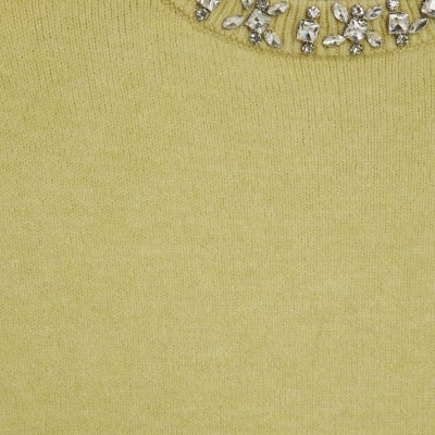 Green Knitted Crew Neck Embellished Jumper