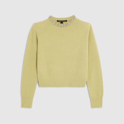 Green Knitted Crew Neck Embellished Jumper