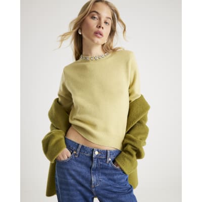 Green Knitted Crew Neck Embellished Jumper