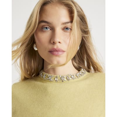 Green Knitted Crew Neck Embellished Jumper