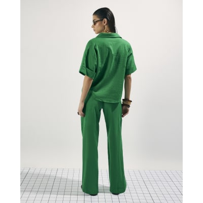 Green Linen Blend Drawstring Tapered Trousers