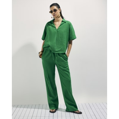 Green Linen Blend Drawstring Tapered Trousers