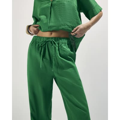Green Linen Blend Drawstring Tapered Trousers