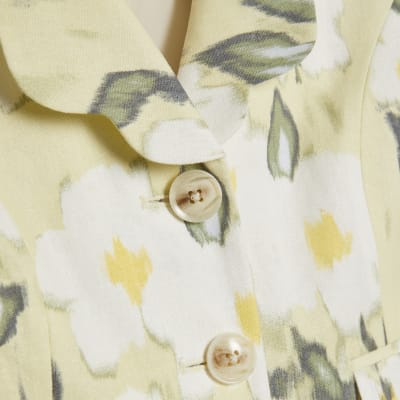Green Linen Blend Floral Scallop Trim Jacket