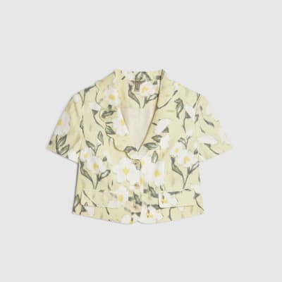 Green Linen Blend Floral Scallop Trim Jacket