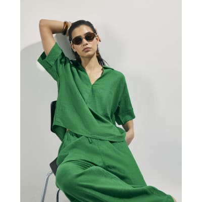Green Linen Blend Short Sleeve Shirt