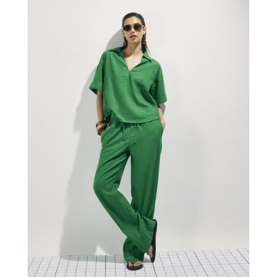 Green Linen Blend Short Sleeve Shirt