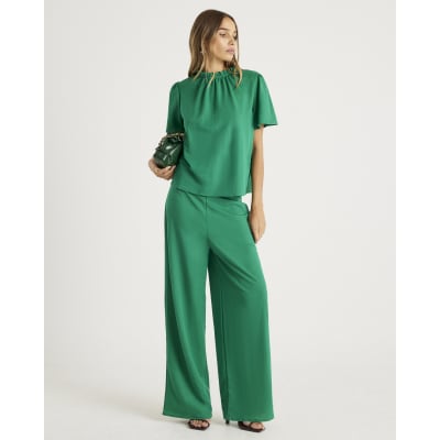 Green Linen Look Jersey High Neck Ruched Top