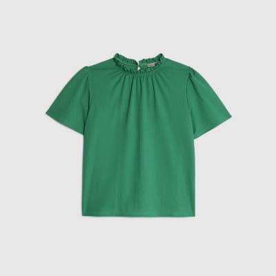 Green Linen Look Jersey High Neck Ruched Top