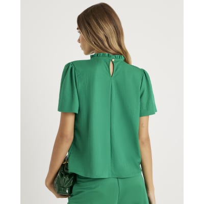 Green Linen Look Jersey High Neck Ruched Top