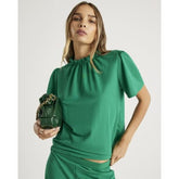Green Linen Look Jersey High Neck Ruched Top