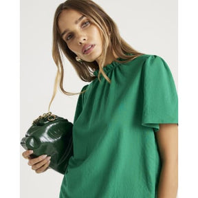 Green Linen Look Jersey High Neck Ruched Top