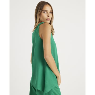 Green Linen Look Jersey Twist Strap Top