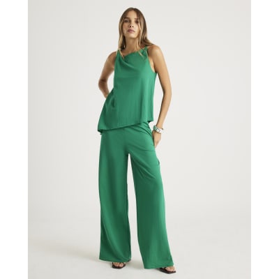Green Linen Look Jersey Wide Leg Trouser