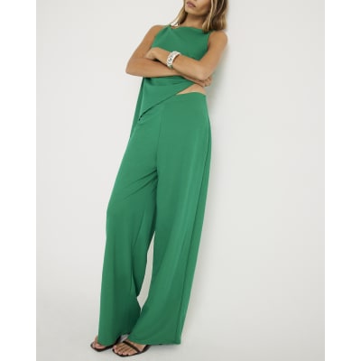 Green Linen Look Jersey Wide Leg Trouser