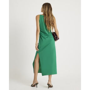 Green Linen Look Ruched Side Cami Midi Dress