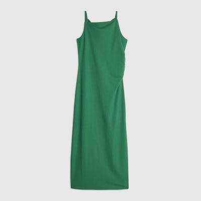 Green Linen Look Ruched Side Cami Midi Dress