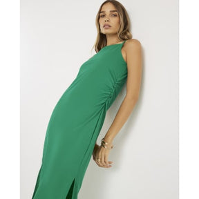 Green Linen Look Ruched Side Cami Midi Dress