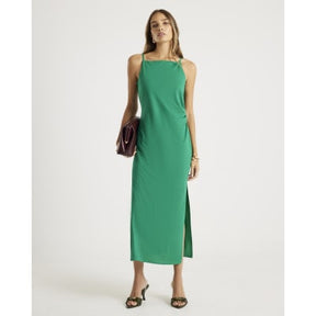 Green Linen Look Ruched Side Cami Midi Dress