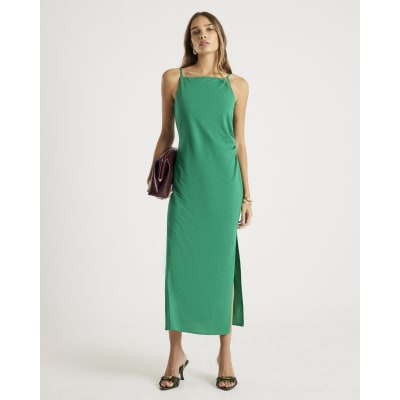 Green Linen Look Ruched Side Cami Midi Dress