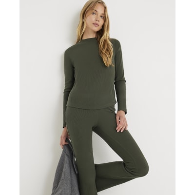 Green Long Sleeve Crew Neck Ribbed Top